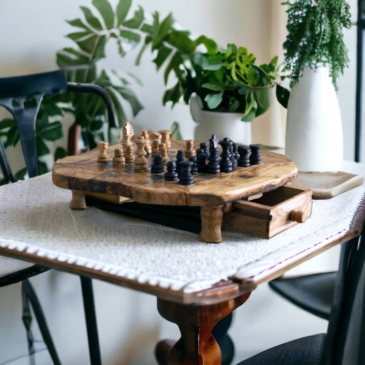 Kamsah - Wholesale Board Game - Handmade Olive Wood Chess Board with Storage Drawers2
