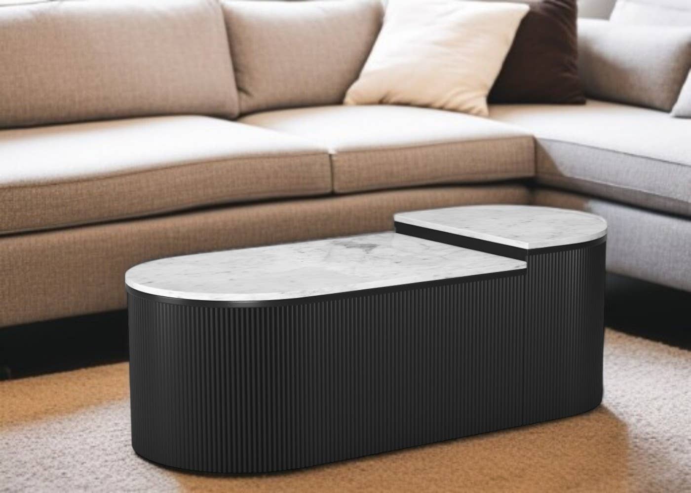 HomeRoots – Mesa de café por atacado – Conjunto de Duas Mesas de Centro Ovais em Madeira Preta e Branca e Mármore Sintético.1