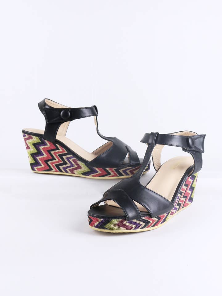 LMS Black Wedge Sandal With Zig-Zag Printed Sole for wholesale by LoveMyStyle