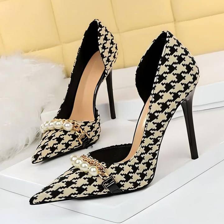JP76 Pointed Toe High Heels with Pearl Chain Cutout for wholesale by JanL Ladies Shop