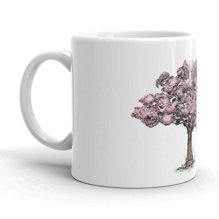 Mug With A Cherry Blossom Tree Being Blown In The Wind for wholesale by Bellavance Ink