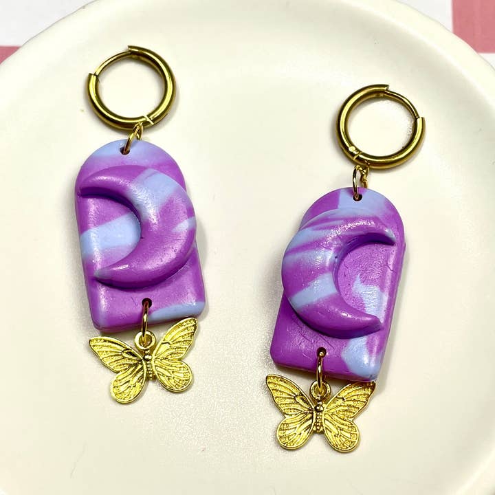 Gold and Purple Crescent Moon Arch Earrings for wholesale by Bratty Bat