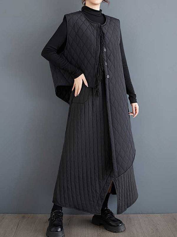 BLACK High Waisted Loose Asymmetric Elasticity Pockets Quilted Solid Color Skirts Bottoms for wholesale on Faire4