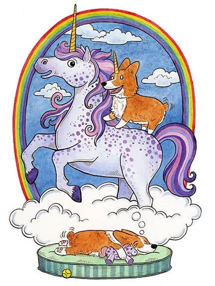 Corgi Unicorn Big Dreams Vinyl Sticker for wholesale by SepiaLepus Illustration