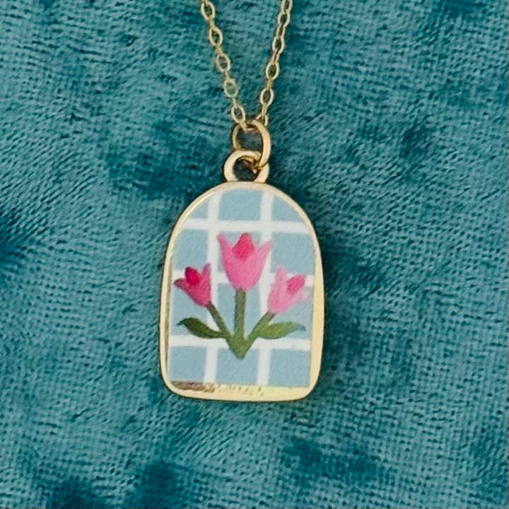 Gold pink white blue flowers window pendant 18" necklace for wholesale by Elizabeth Jewelry