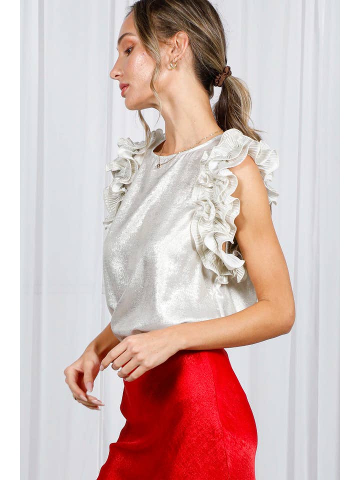 Vine & Love - Vendita all'ingrosso Camicetta - Donna - Blusa senza maniche metallizzata in tessuto intrecciato con volant plissettati VT60373A5