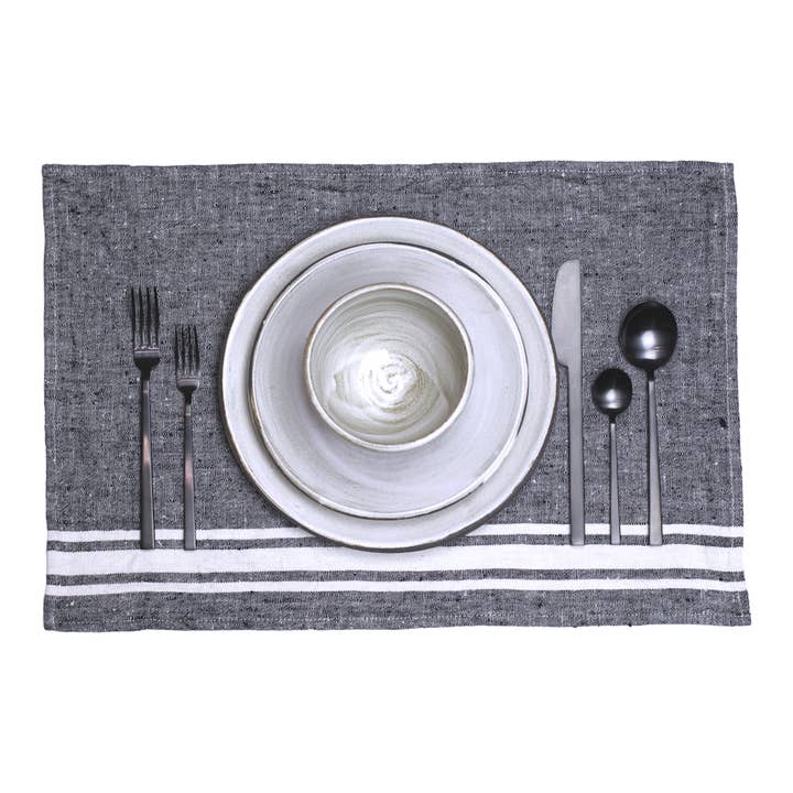 Linen Placemat - Stonewashed - Black with White Stripes for wholesale by LinenCasa