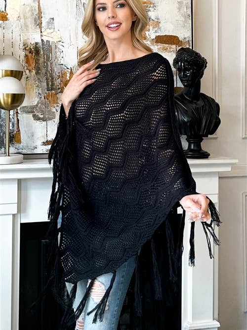Knitted Net Wave Pattern Fringe Tassel Poncho for wholesale by MYS Wholesale Inc
