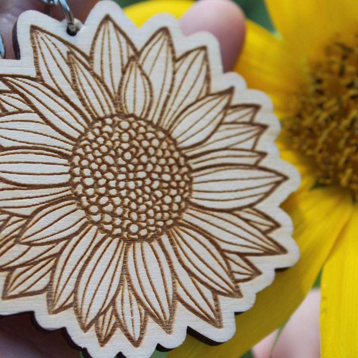 Lady Laser Co - Vendita all'ingrosso Portachiavi - Donna - Portachiavi in legno di girasole, simpatico regalo per lei
