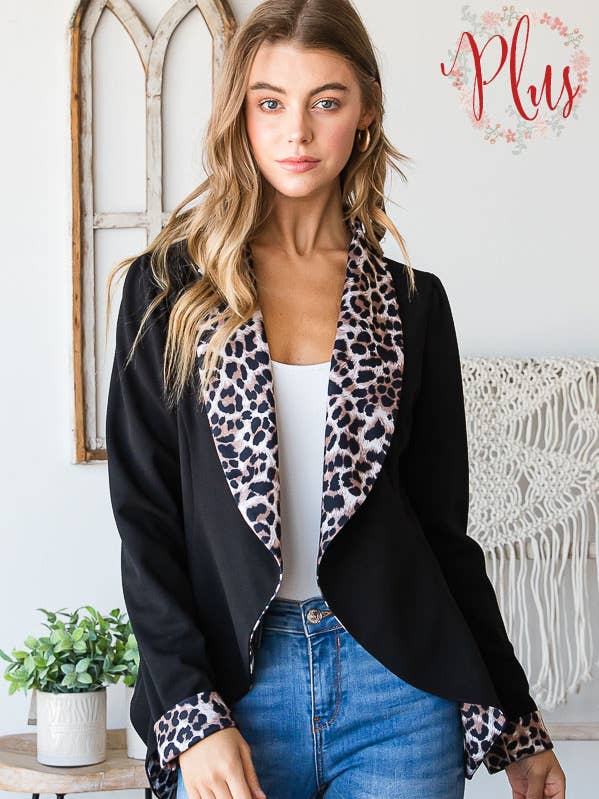 PLUS SHAWL SOLID AND ANIMAL LEOPARD OPEN BLAZERS for wholesale by Pink Irene Wholesale