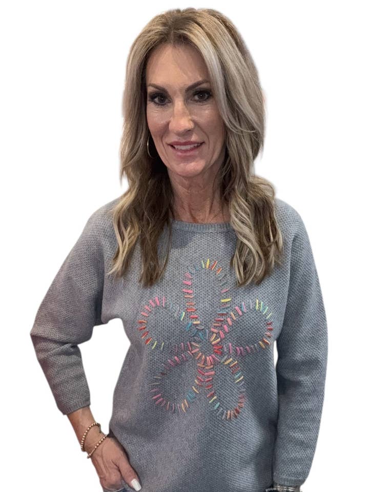 NS2057-H - Heather Grey - Embroidered Flower Crew V-Neck A3766 for wholesale by K & C Clothing, Inc.