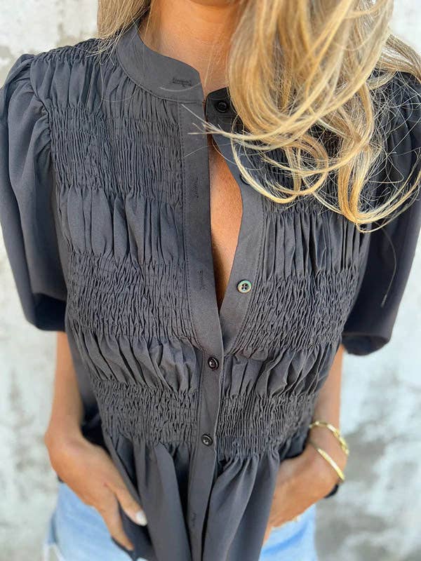 Sheer Trend - Wholesale Blouse - Women's - Loose Plus Size Elasticity Pleated Solid Color Round-Neck Blouses&Shirts Tops