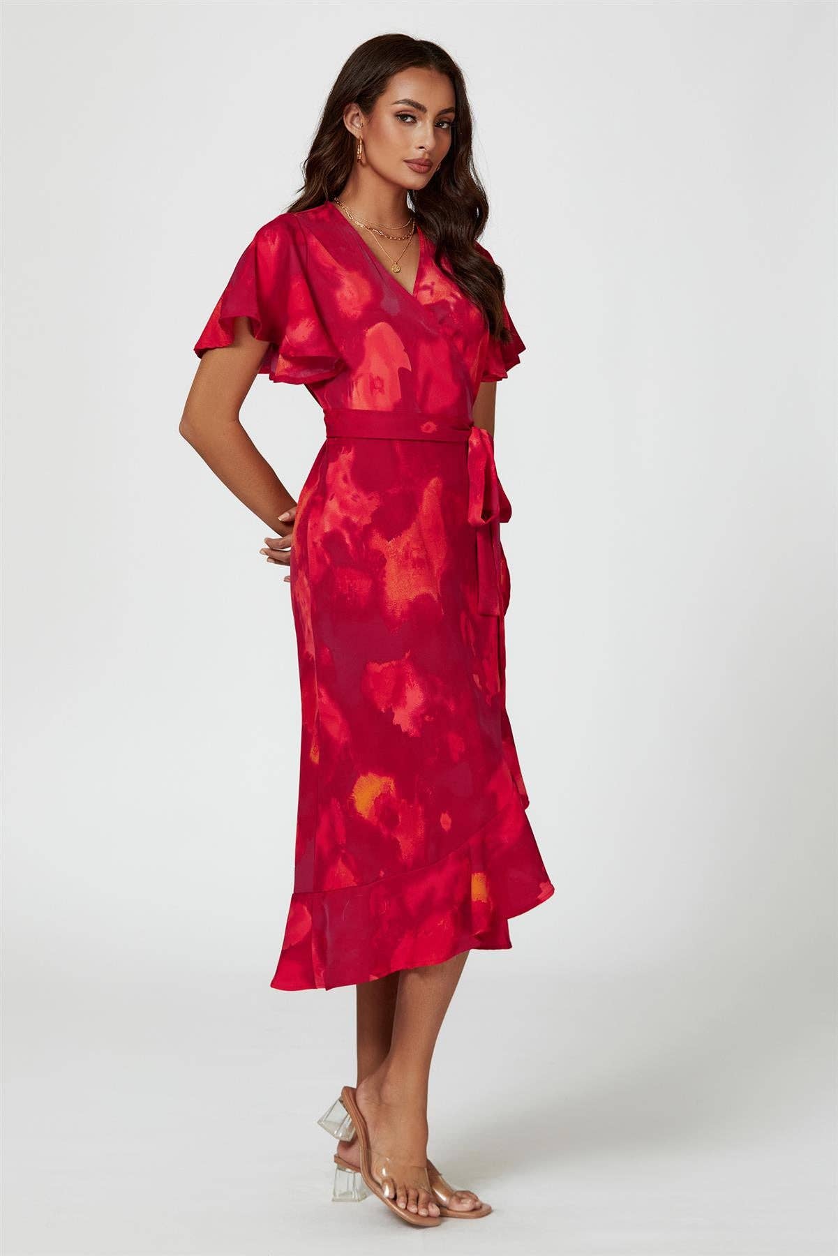 Abstract Print Angel Sleeve Wrap Midi Dress In Red for wholesale on Faire2
