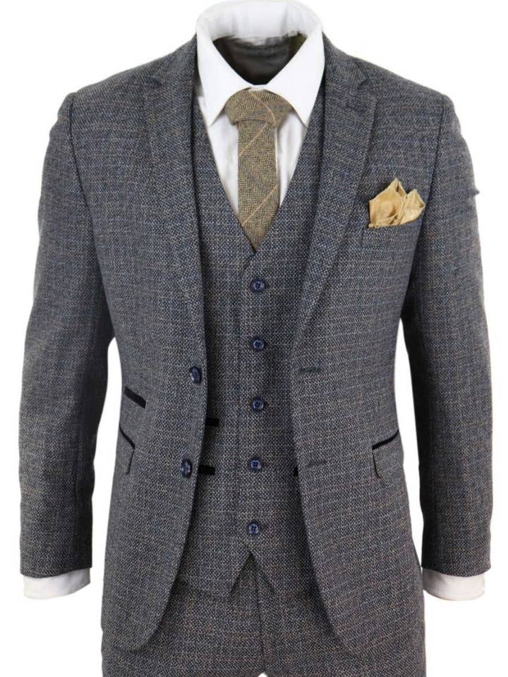 Armada Traje retro vintage de 3 piezas para hombre en tweed azul marino a cuadros de venta al por mayor en Faire