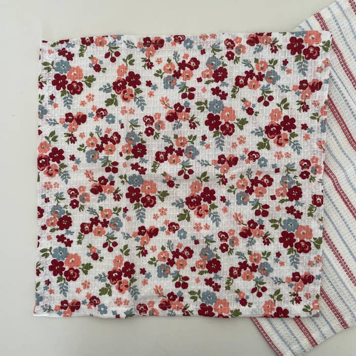 fort & field - Wholesale Dishcloth - 100% cotton red floral/stripe kitchen dishcloths - set of 21