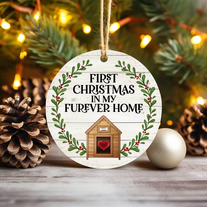 First Christmas in my Furever Home, Christmas Ornament for wholesale by Dark Horse Dream Designs LLC