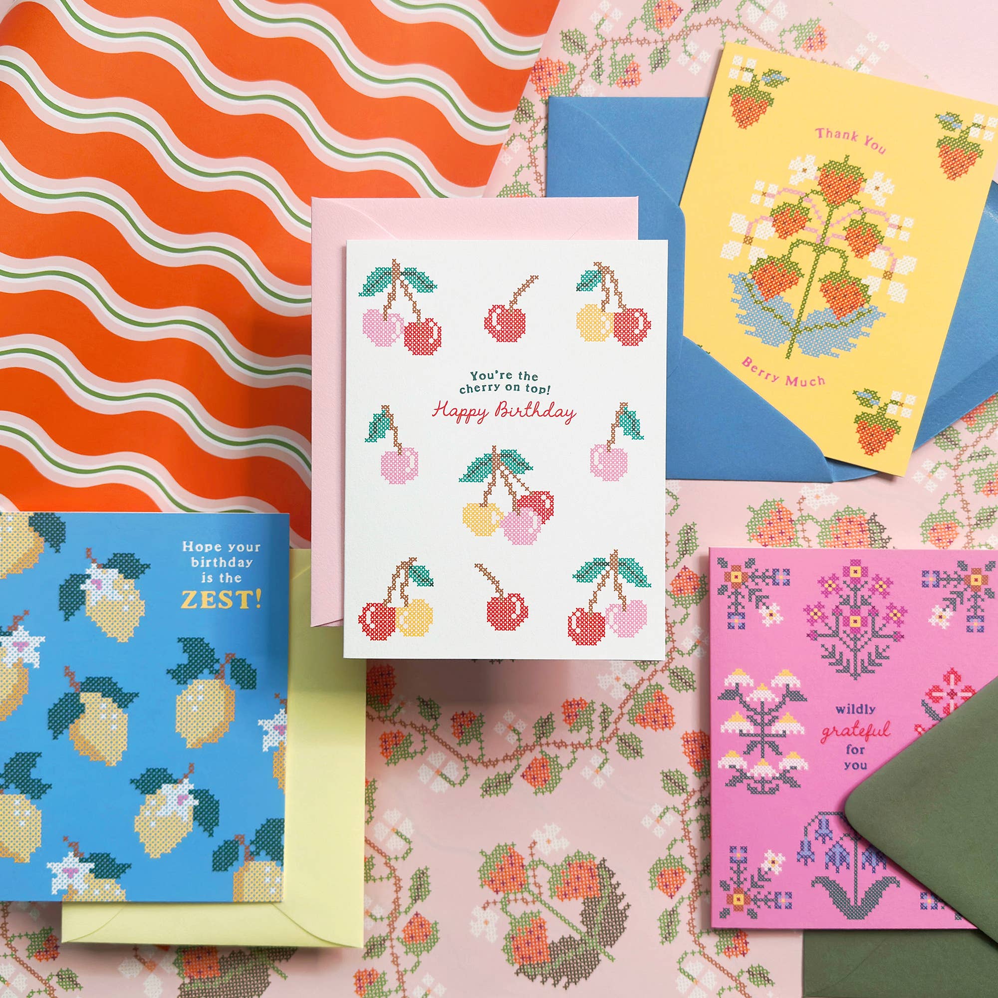 O.O.M.F. Creative - Wholesale Birthday Card - Cherry Cross-Stitch Card | Birthday Card | Fruit & Food Card1