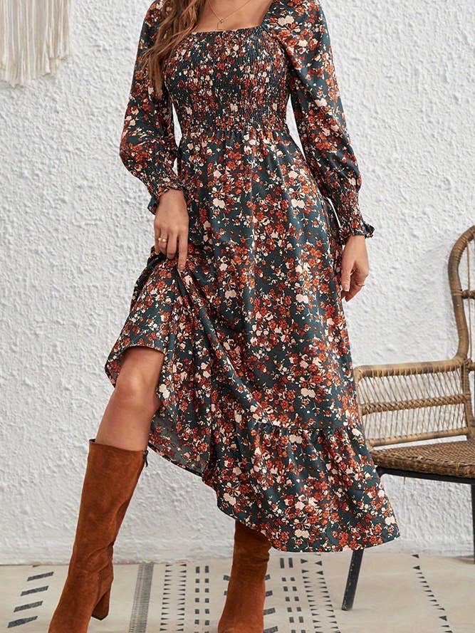 Multi Floral Print Square Neck Long Sleeves Fall Dress for wholesale on Faire