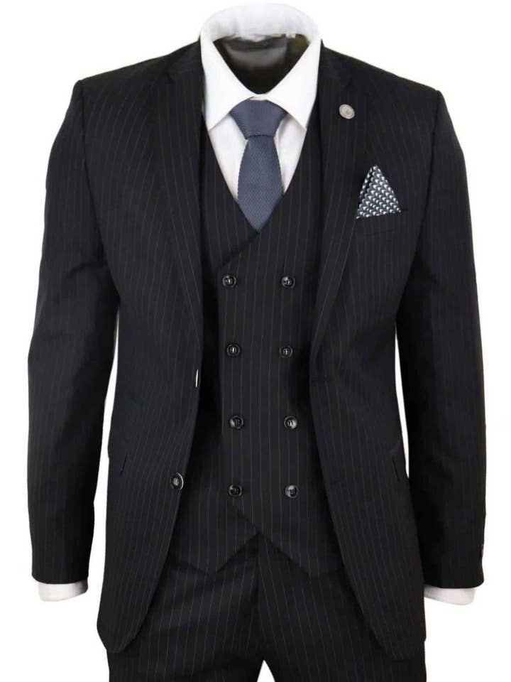 Men's 3 Piece Black Pinstripe Retro Suit for wholesale on Faire