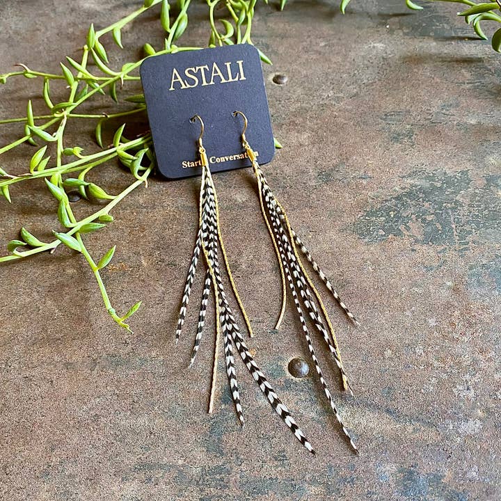 Mini Feather Earrings - Grizzly/Gold, Boho Western Earrings for wholesale by ASTALI