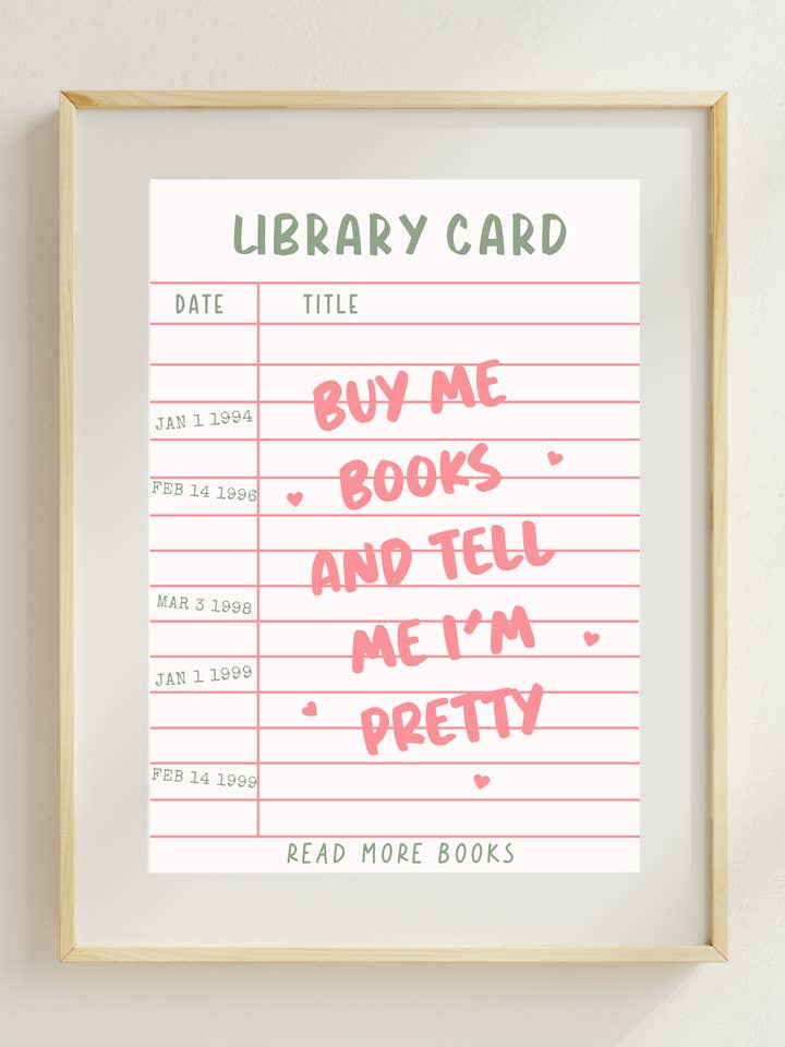 Vintage Library Card Art Print | Buy Me Books And Tell Me I'm Pretty Quote Print for wholesale by Fleurs on Sunday