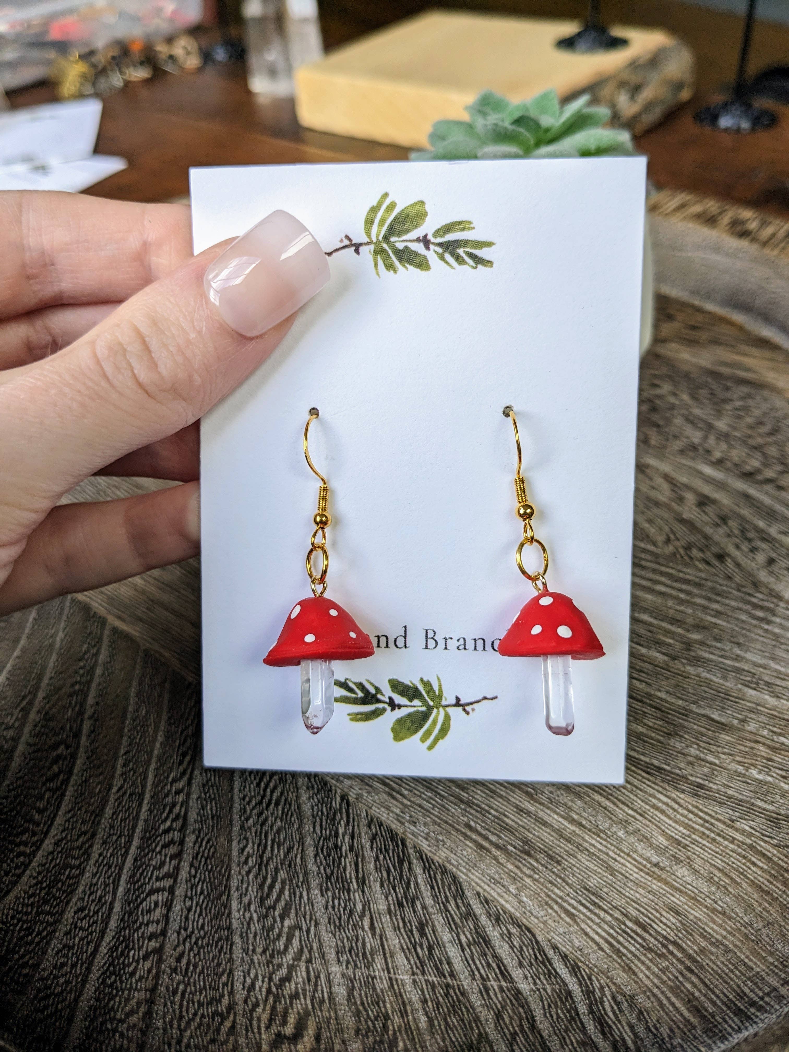 Stag and Branch - Wholesale Dangle Earrings - Crystal Red Top Mushroom | Clear Quartz Mushroom Dangle Hand0