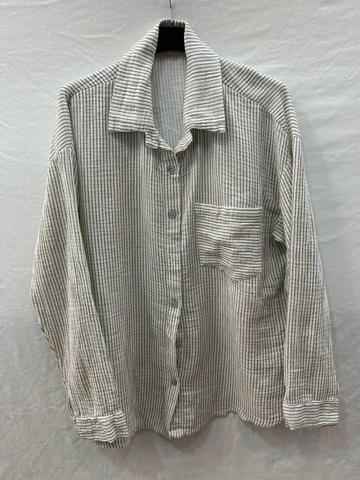 Mimi & Gogo - Wholesale Button Down Shirt - Women's - Striped Cotton Gauze Shirt Pocket @3230_ChRPoche
