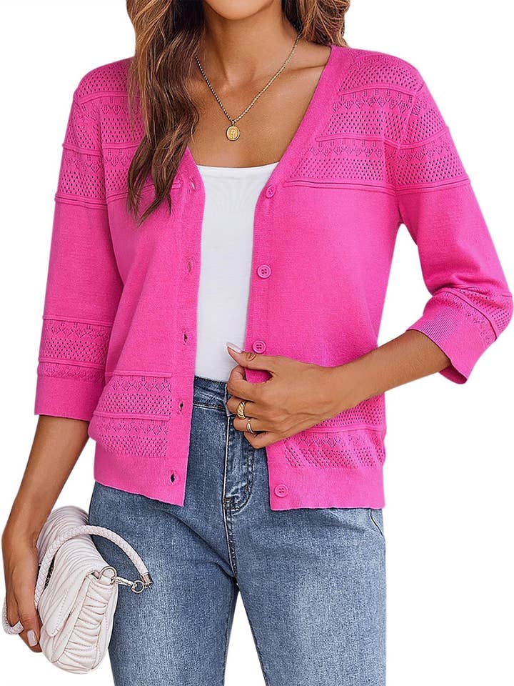 Lovesoft - Wholesale Cardigan - Women's - Lace Pattern V Neck Button Front Summer Sweater