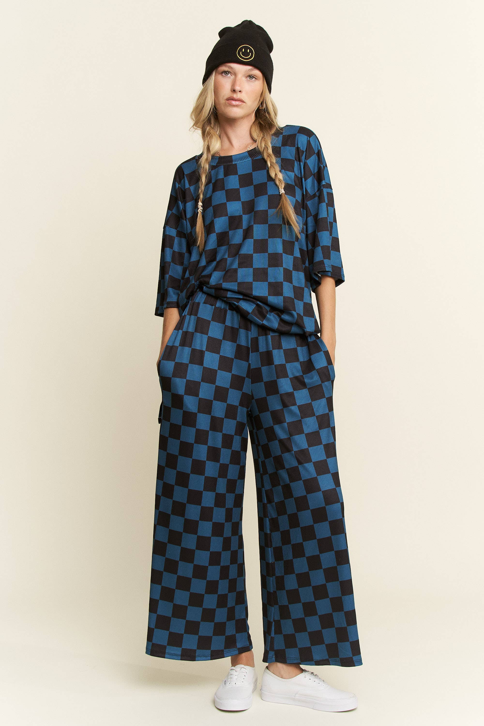 JADE BY JANE - Wholesale Lounge Set - Women's - RIBBED CHECKERED PRINT TOP/STRAIGHT LEG PANTS SET44