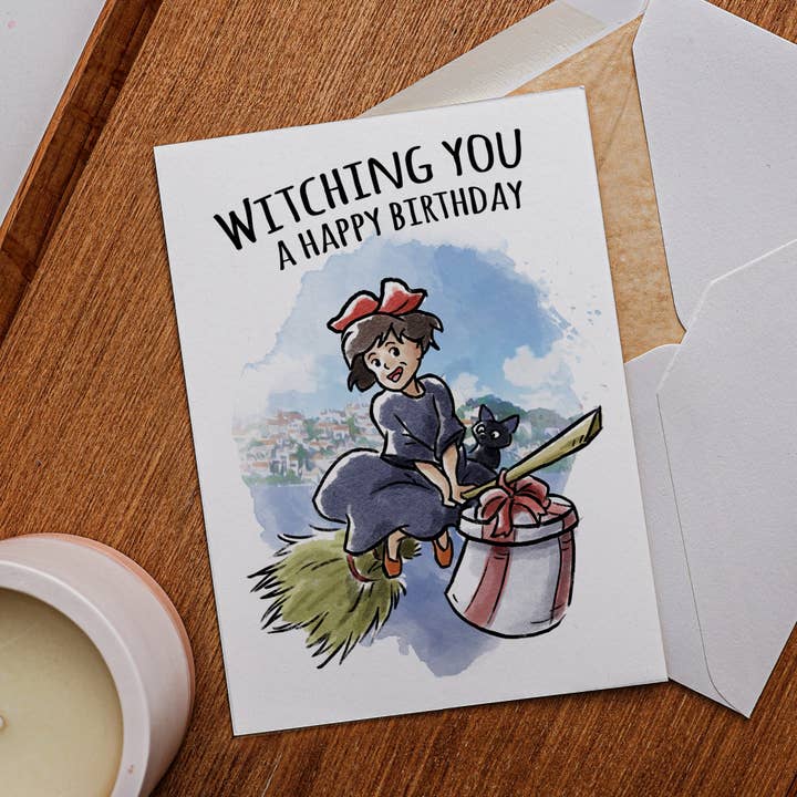 Aaron Millard Illustration - Wholesale Birthday Card - "Witching You" Young Witch Broom Anime Birthday Card