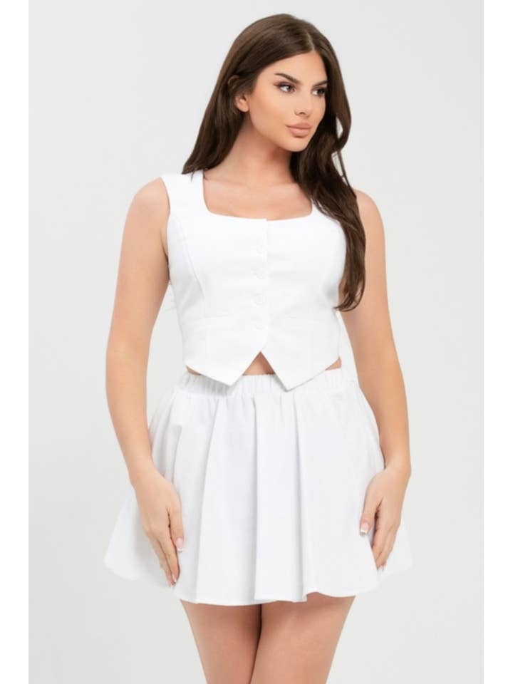 Conjunto de Colete sem Mangas com Botões e Mini Saia Plissada 4770 por atacado de JBLA FASHION