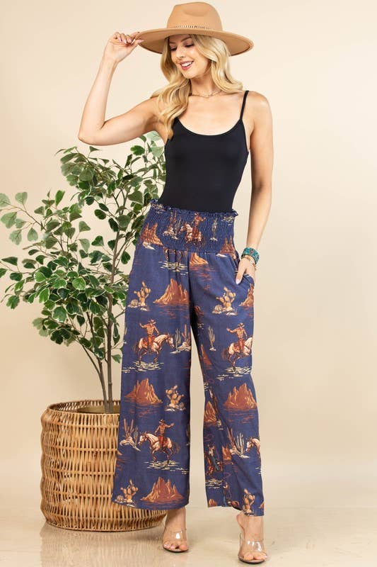 Denim Blå AV1243-WALLY WESTERN COWBOY DENIM PRINT VÆVEDE BUKSER for engroshandel på Faire9