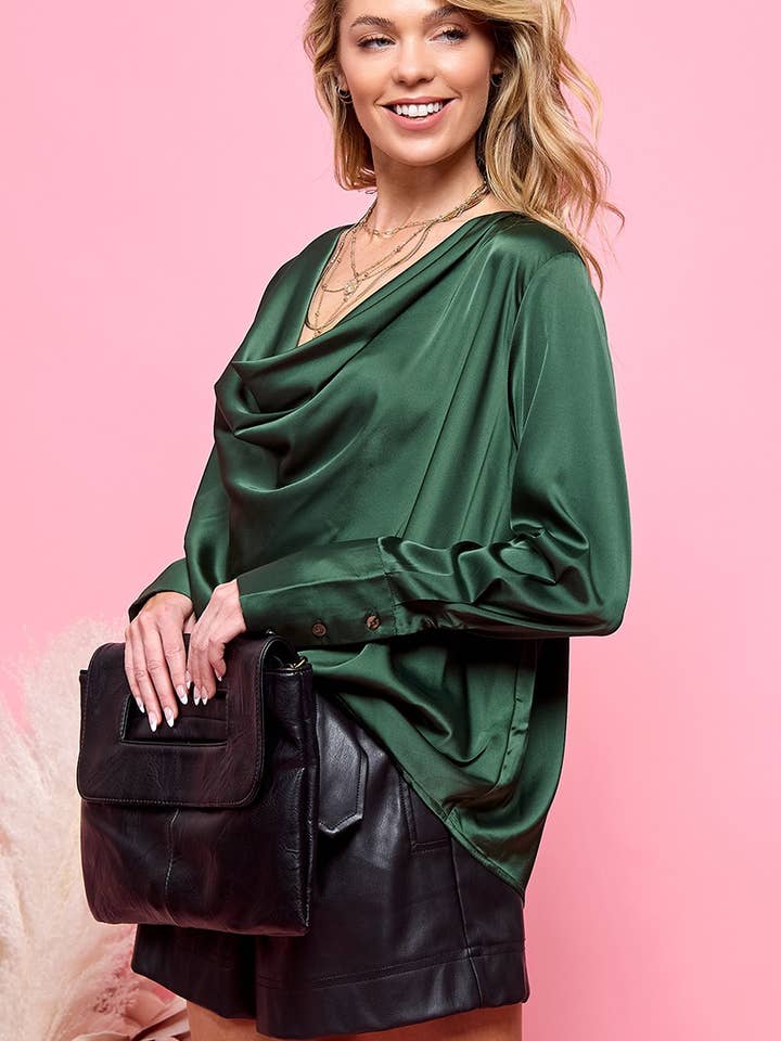 Satin Drape Neck Long Sleeve Blouse for wholesale by Cezele