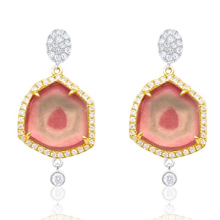 14 kt Weißgold Silber Mitte Wassermelonen-Turmalin Diamant Ohrringe für den Großhandel von Meira T