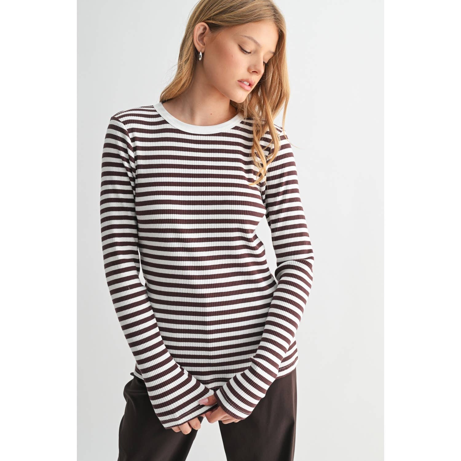 FUN2FUN – Top de malha - Mulher por atacado – TOP DE MALHA DE MANGA COMPRIDA A RISCAS21