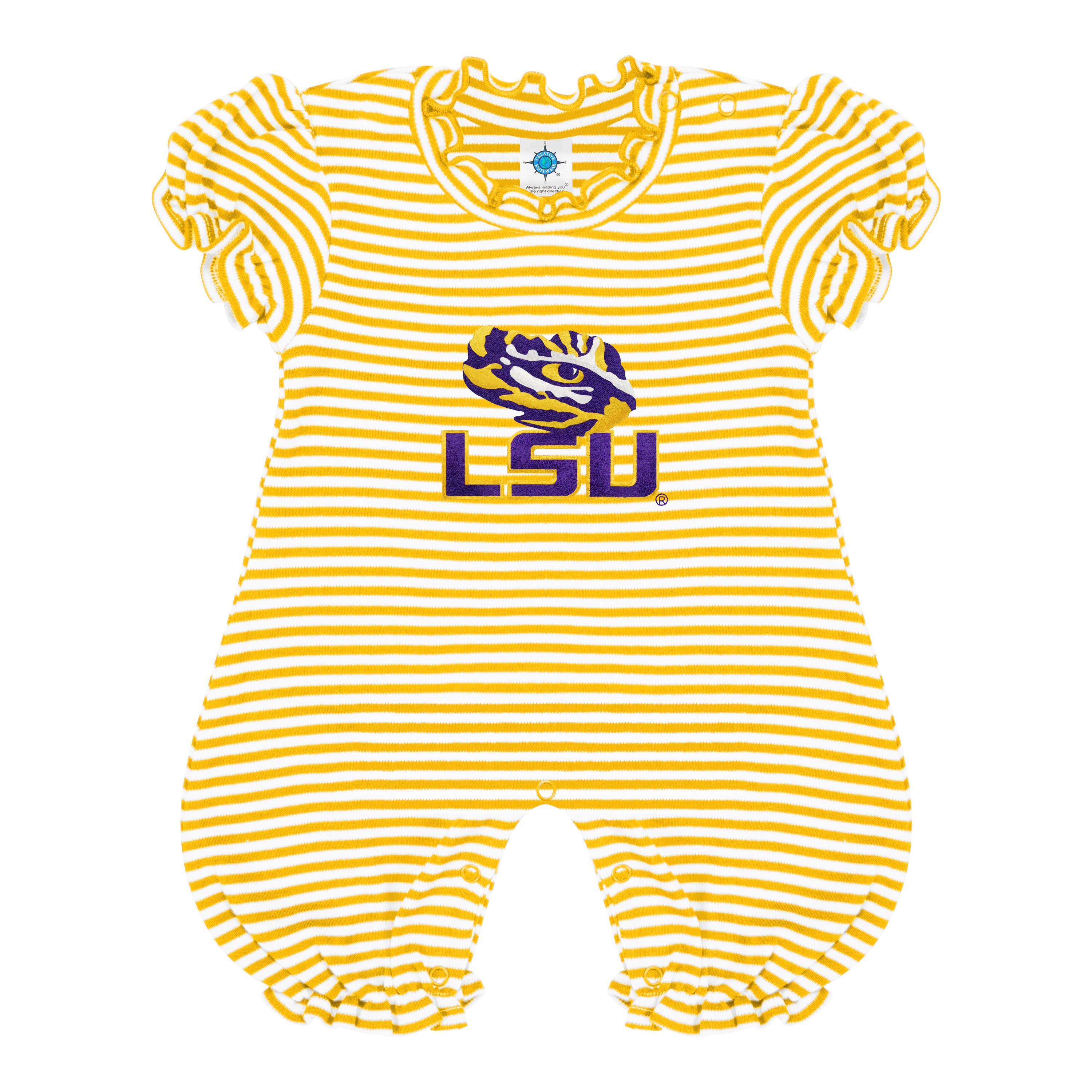 Creative Knitwear - Wholesale Romper - Kids - LSU Tigers Striped Infant Puff Sleeve Romper1