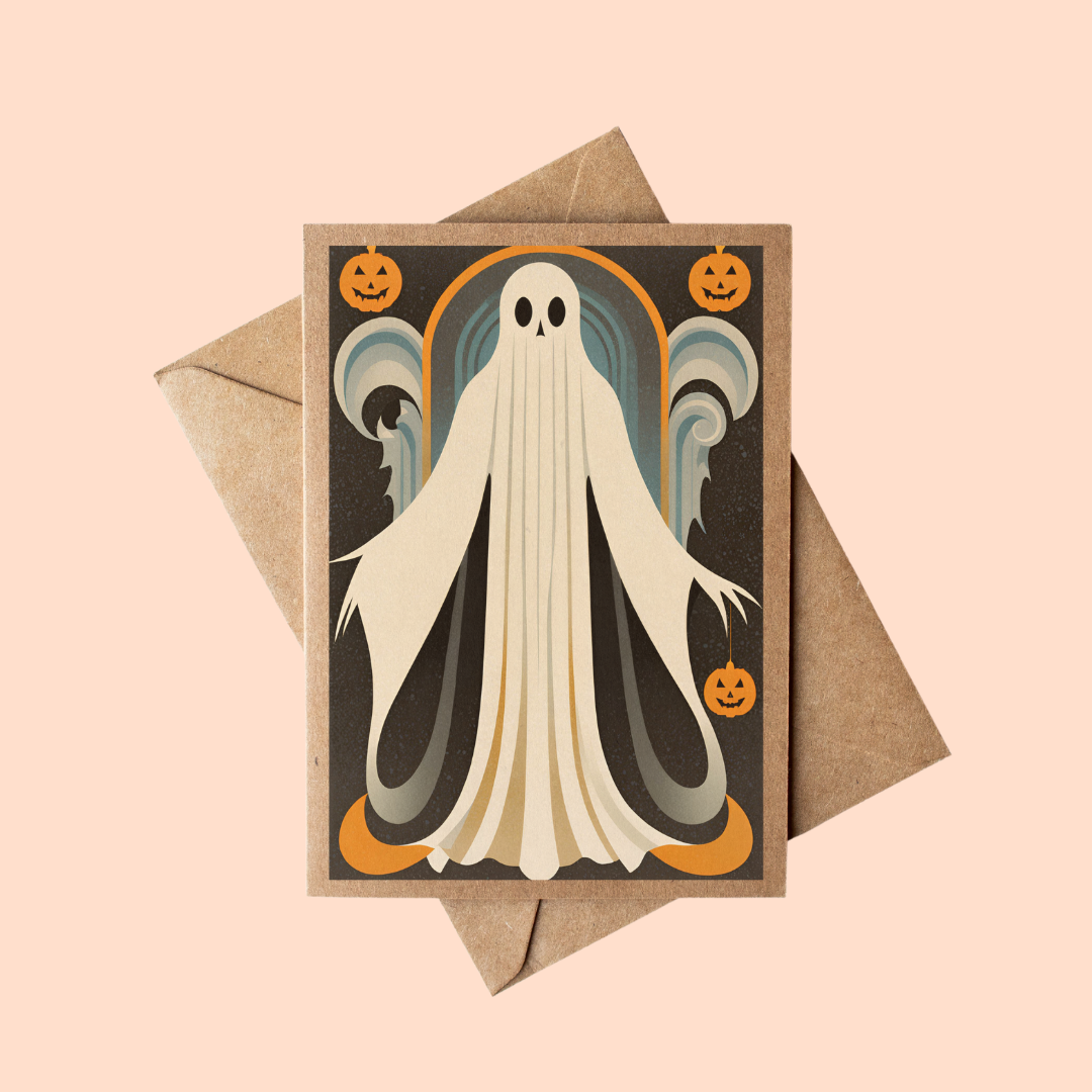 Cryptic Paper Co. - Wholesale Halloween Card - Art Deco Ghost and Pumpkins Kraft Paper Halloween Card 1