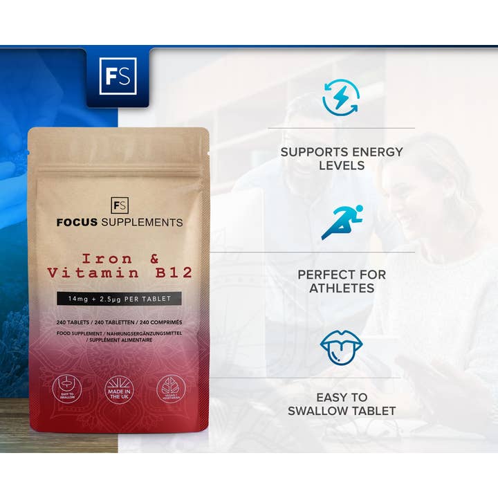 Focus Supplements – Engroshandel Kosttilskud og vitaminer – Jern & B12 (14 mg + 2,5 µg) 240 tabletter