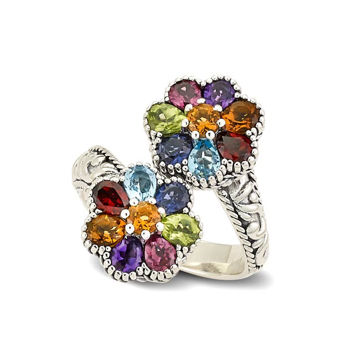 SS Multi Gemstone Flower BypaSS Ring for wholesale by Eli Pebble