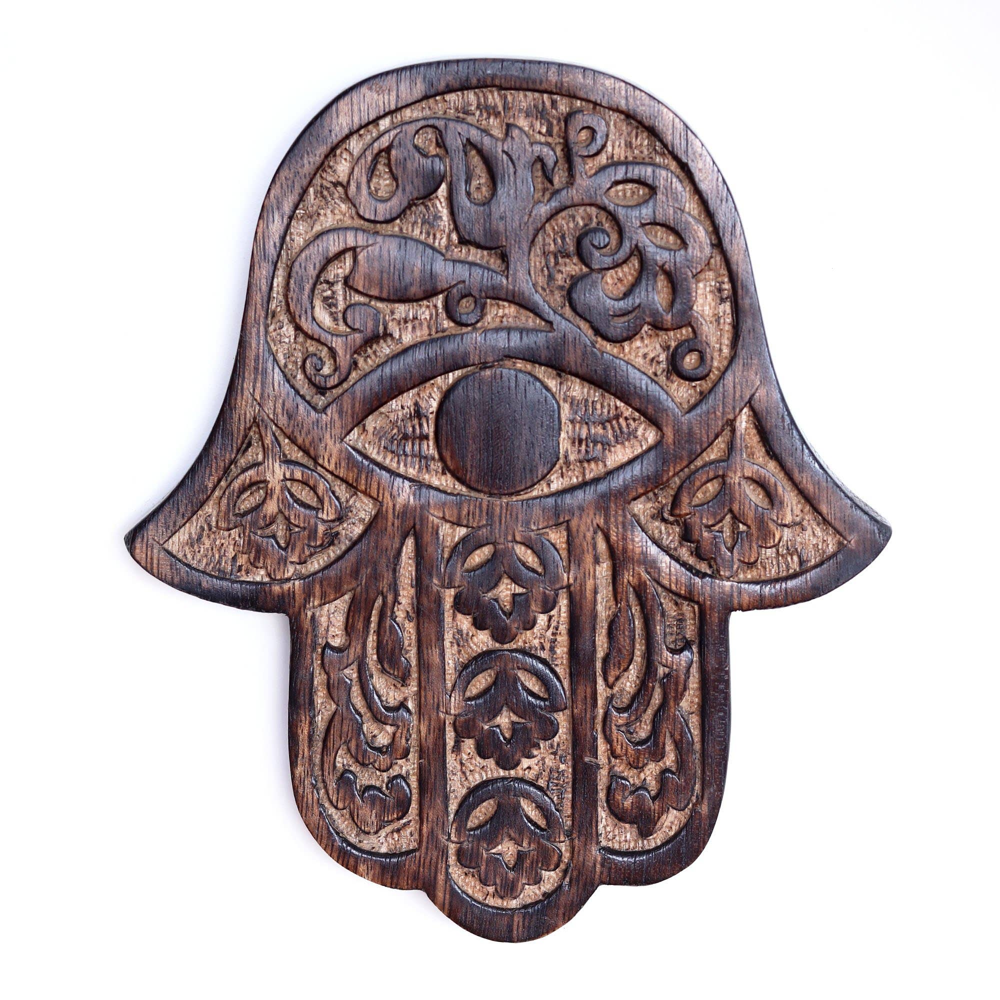 Prabhuji's Gifts - Wholesale Wall Accent - Decor - Wooden Hamsa - Cherry Blossom 7"x6"2