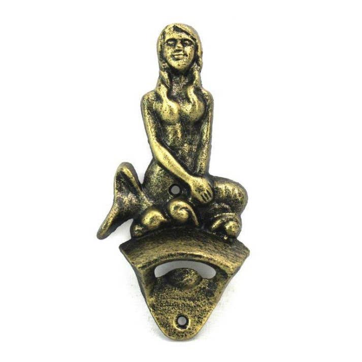 Hampton Ironworks - Wholesale Bottle/wine opener - Antique Gold Cast Iron Wall Mounted Mermaid Bottle Opener 6"