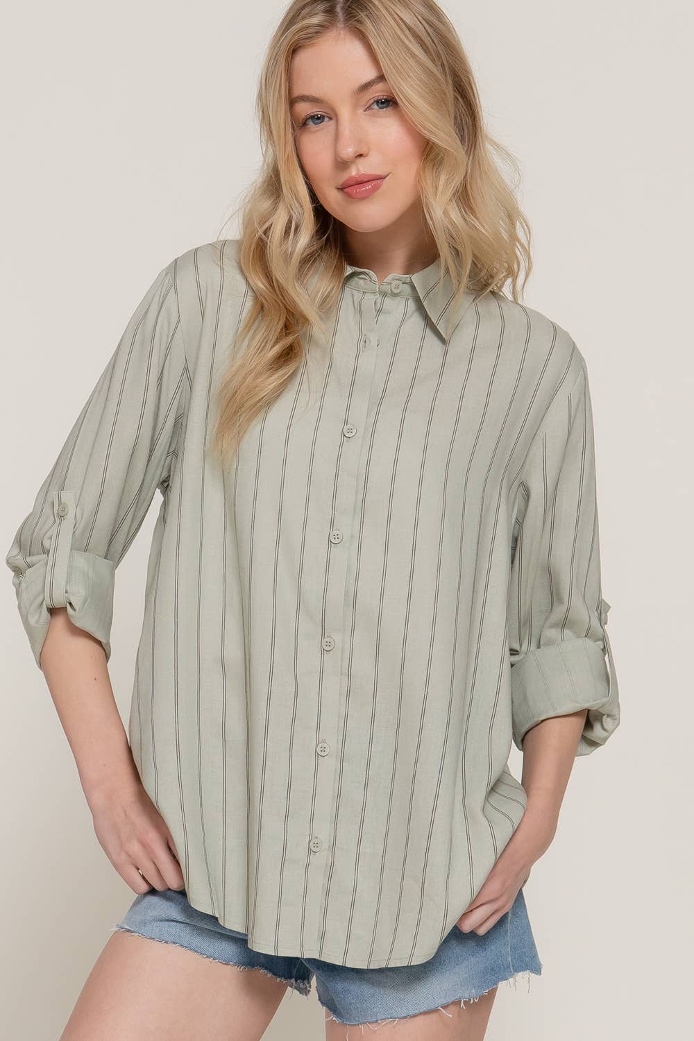 Active Basic | Active USA - Wholesale Button Down Shirt - Women's - Long Sleeve Button Down Stripe Linen Oversized Shirt24