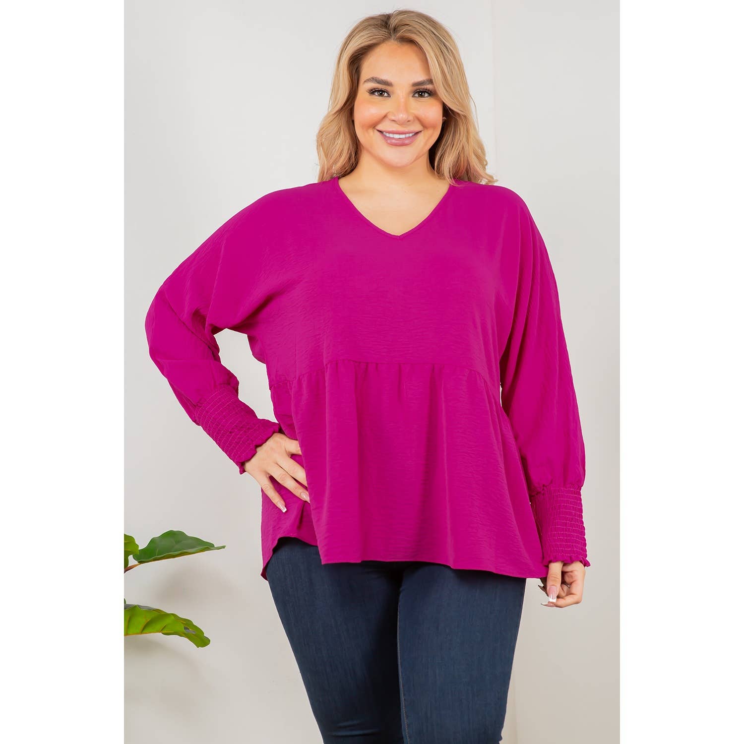 Curve Market - Vendita all'ingrosso Tunica - Donna - TOP A MANICHE LUNGHE BABYDOLL PLUS SIZE CON SCOLLO A V2