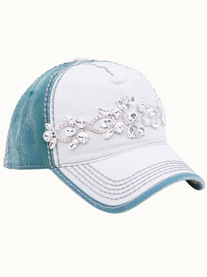 Floral Vine Bejeweled Glitz Two-Toned Cap, Adjustable for wholesale by Olive & Pique