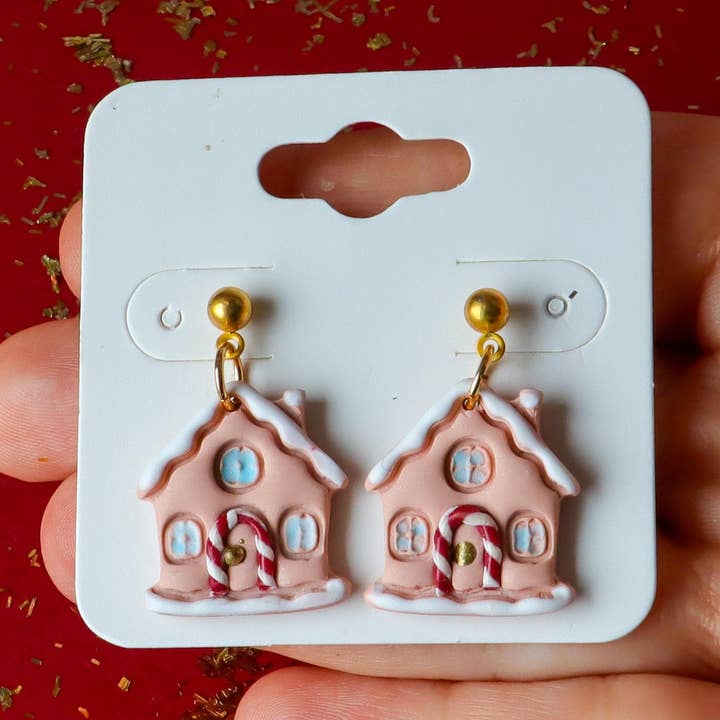 Polymer Clay Gingerbread House Christmas Earrings for wholesale by K's Craft House