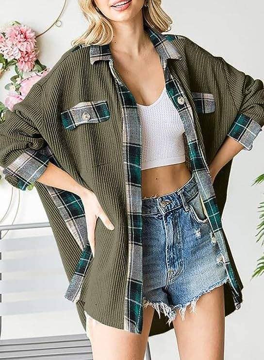 Queen Fashion – wholesale Jacket – Women's – sleeve top melliflo waffle knit plaid shacket30
