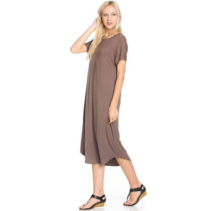 Azules Clothing - Wholesale Dress - Women's - ADM-8252RS Loose fit Crew Neck Hem Midi Dress