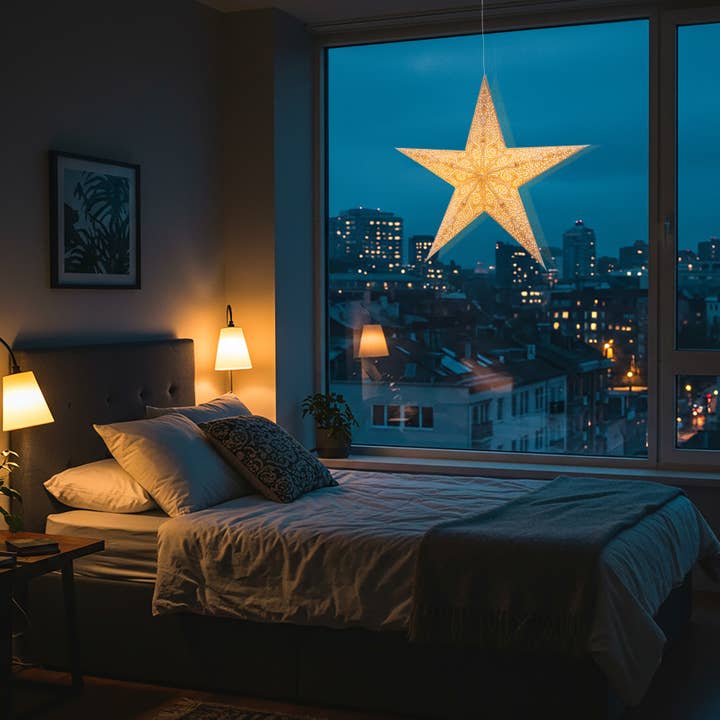 Artschatz LLC - Venta al por mayor Lámpara/farol de papel - Linterna Gaudí con 5 puntas, 24 pulgadas, papel gris y blanco5