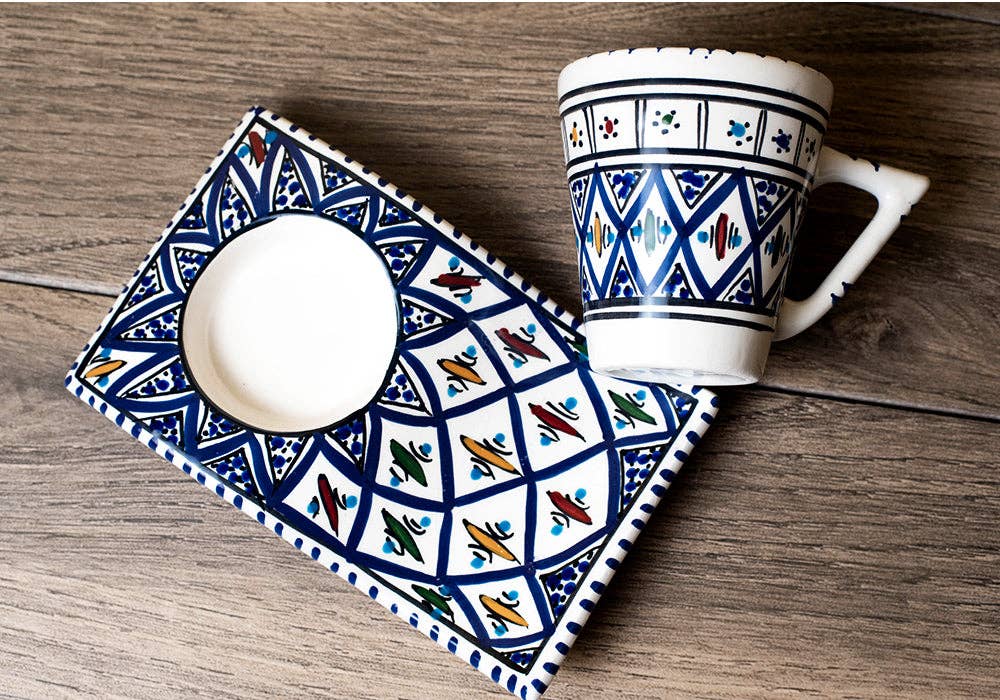 Ecozyna – Chávena de chá por atacado – Xícara de cerâmica para café/chá com pires ondulado azul6