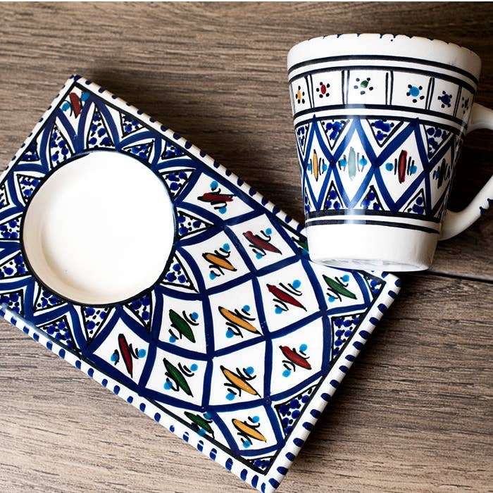 Ecozyna – Chávena de chá por atacado – Xícara de cerâmica para café/chá com pires ondulado azul6